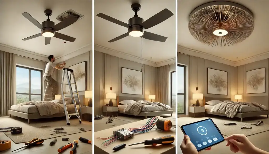 Illustration of a smart ceiling fan in a modern living room with labeled features like voice assistant compatibility and app control.