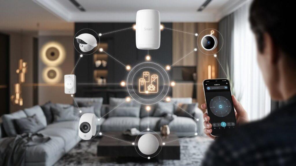 A modern home with interconnected smart devices, including lights, thermostat, security camera, and voice assistant, controlled via a smartphone app. illustrate the perfect home automation