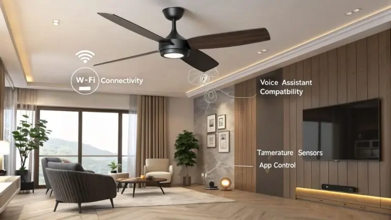 Diagram of a smart ceiling fan highlighting key features such as Wi-Fi connectivity, voice assistant compatibility, temperature sensors, and app control in a modern living room.