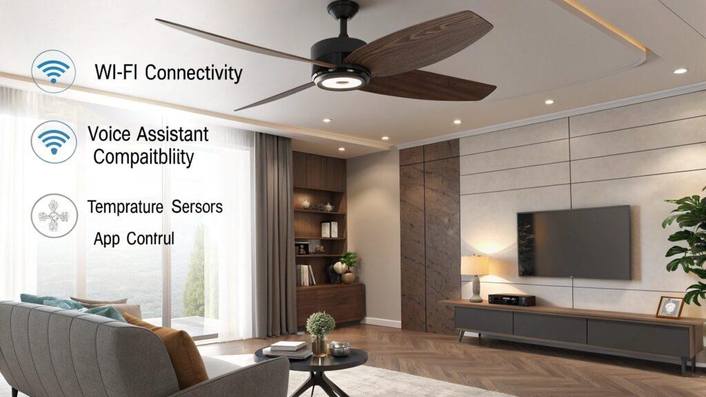 Diagram of a smart ceiling fan highlighting key features such as Wi-Fi connectivity, voice assistant compatibility, temperature sensors, and app control in a modern living room.