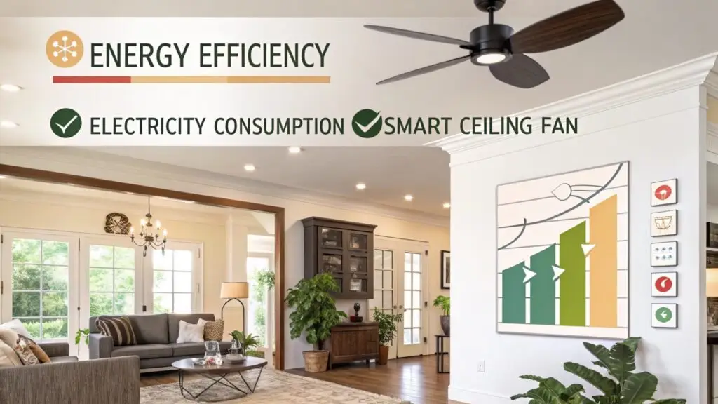 nfographic showing energy savings of a smart ceiling fan compared to a traditional fan, emphasizing electricity reduction and eco-friendliness